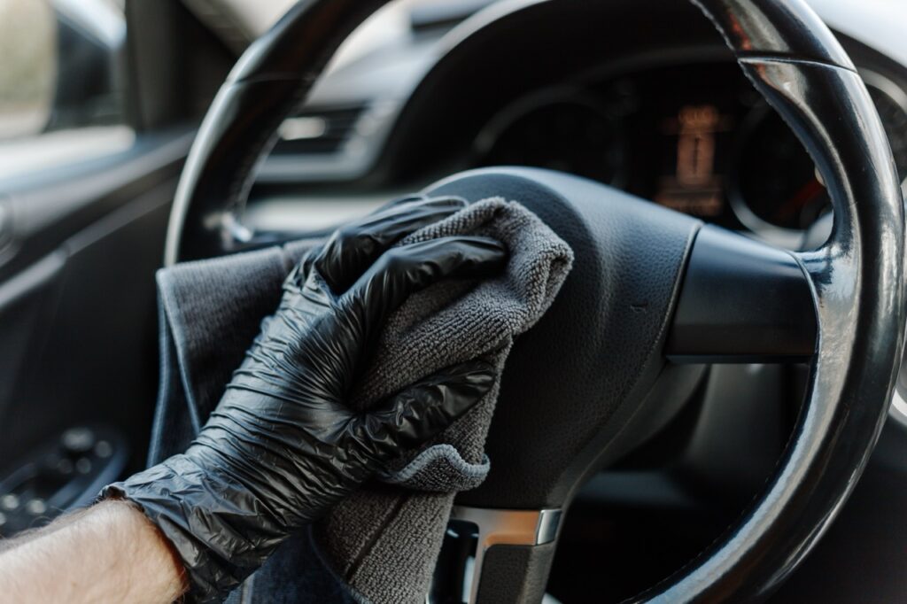 Persoon met poetsdoek maakt het stuur van een auto schoon.